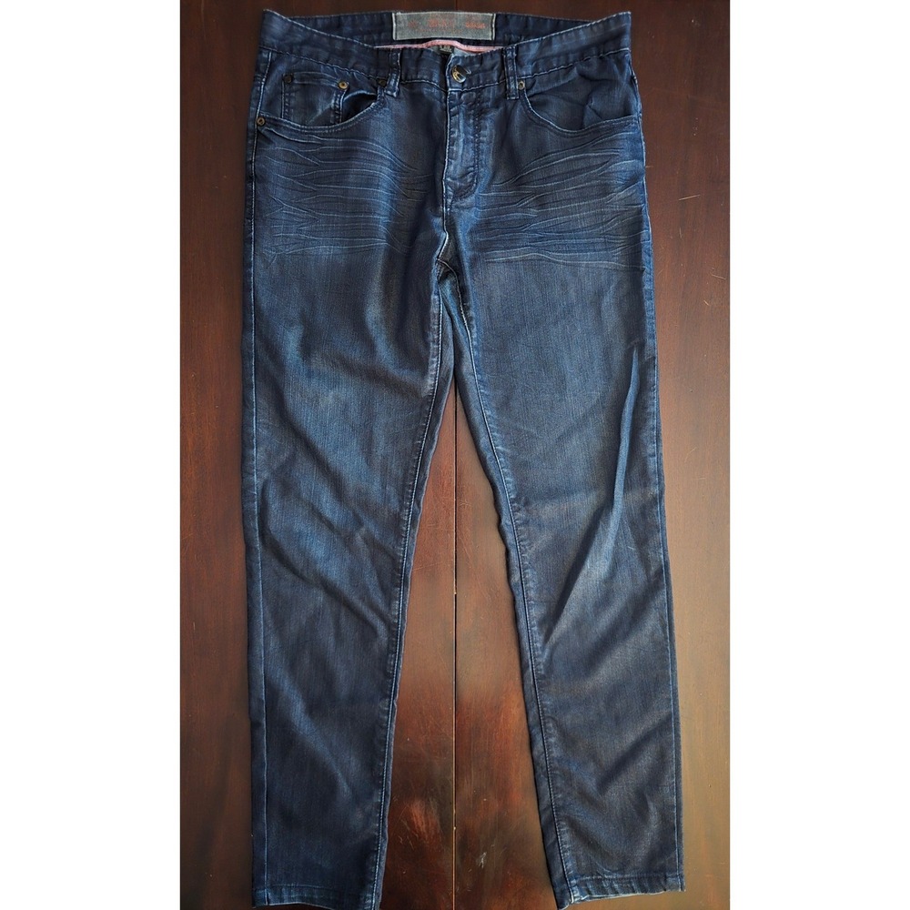 21MEN Mens Dark Wash Skinny Jeans Whiskered Denim Pants Blue 33x34